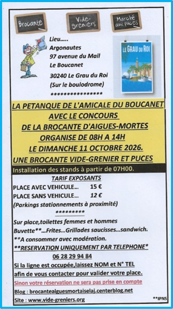 LA BROCANTE VIDE GRENIER ET PUCES SE DEPLACE à Aigues-Mortes